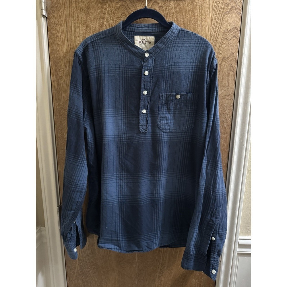 Hollister Long Sleeve Henley Blue Plaid Size XL 1/4 Button Men's Soft Western